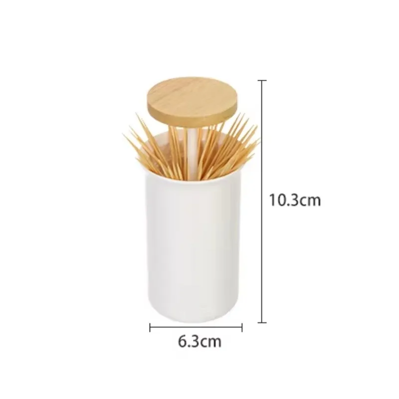 Household Canteen Cylinder Mini Toothpick Holder Dispenser Plastic Press Smart Toothpicks Holder with Bamboo Cover