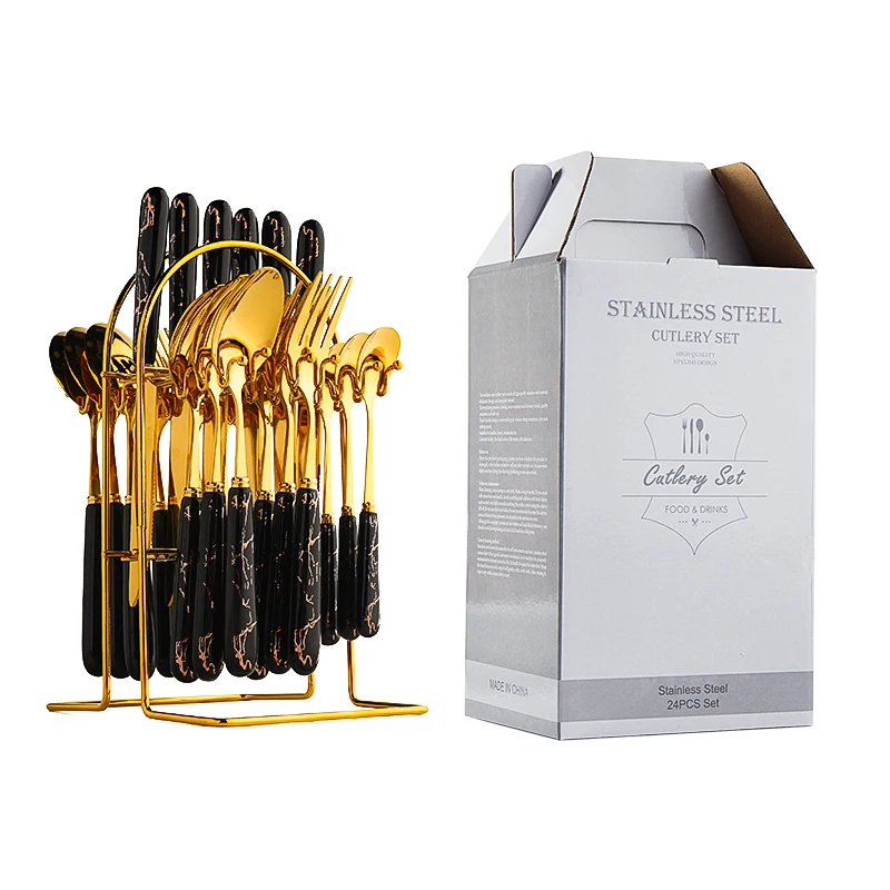 Restaurant Plated Gold Cutlery Set Stainless Steel Marble Ceramic Handle 24pcs Fork Knife Spoon Household Flatware set Reusable