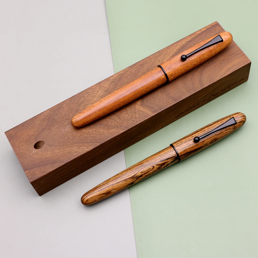 Wholesale Papeleria Calligraphy Fountain Pen Wood Grain Exquisite Black Clip wooden fountain pen with Medium E, EF nibs