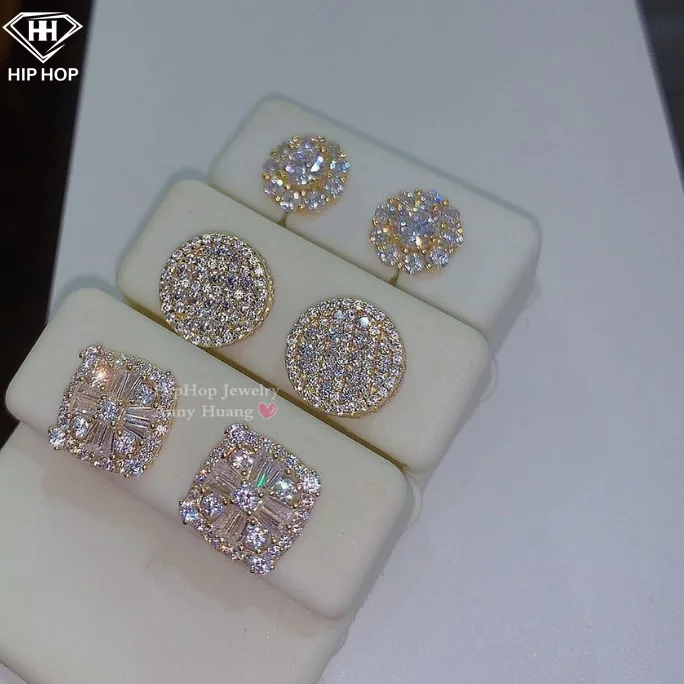 luxury hip hop solid 10K 14k yellow gold moissanite earrings women men jewelry iced out baguette diamond screw back stud earring