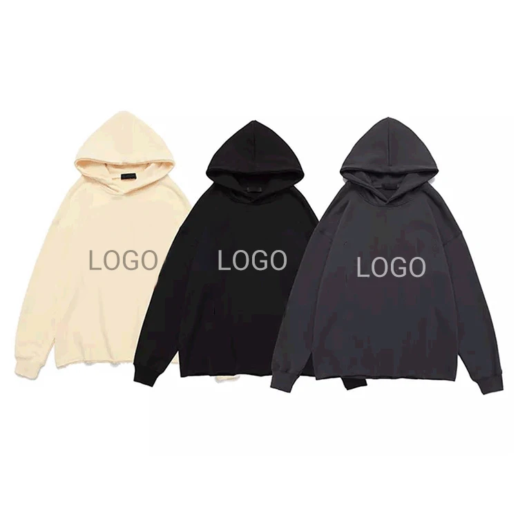 Streetwear Oversized No Strings Print Sweatshirts Cotton Cut Edges Raw Hem Hoodie Men Blank Plain Oversized Hoodies