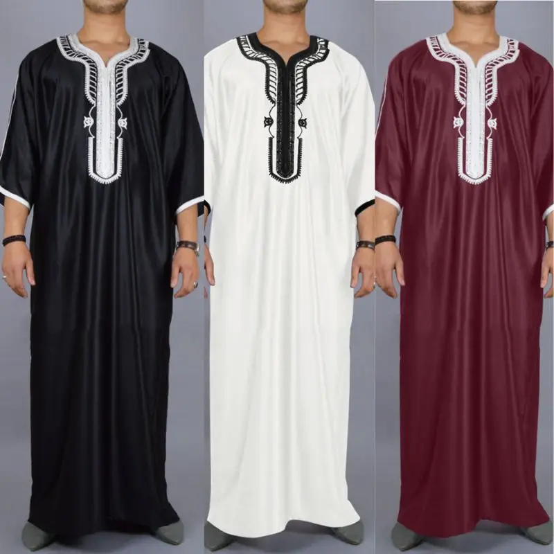 2024 Factory Price Muslim Men Thobe Elegant Embroidery Casual Men Muslim Thobe Solid Long Robe Jubba for Men Arabic Thobe