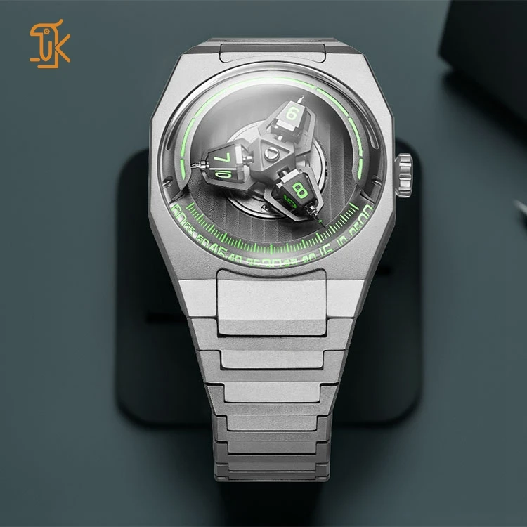 Custom Limited Edition Mechanical Watches with Titanium Strap And Case Spinner Wandering Hour Curved Glass Automatic Watch