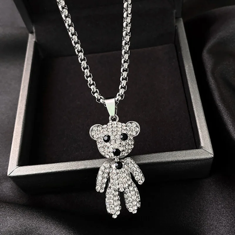Jewelry Accessories Men Teddy Bear Pendant Robot Bear Necklace Lovely full diamond bear tide necklace ins occidental Hip Hop pen