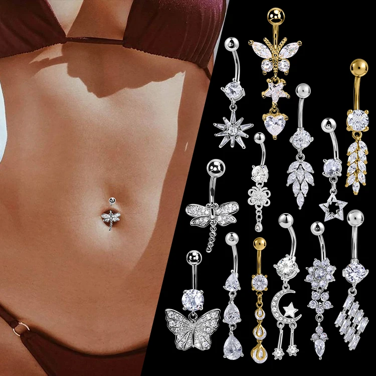 Summer Sexy Gold Silver Belly Piercing Navel Piercing Rings Flower Dangle Cz Zircon Butterfly Belly Button Ring