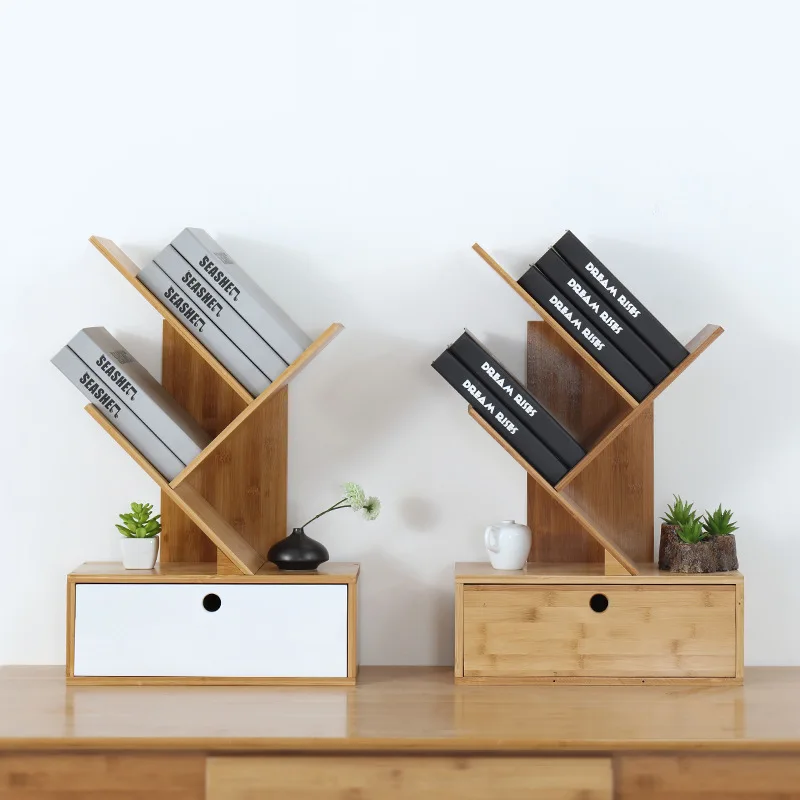 Tree creative bookshelf, bamboo desktop bookshelf with drawer 3 tier independent storage shelf for home, living room, office