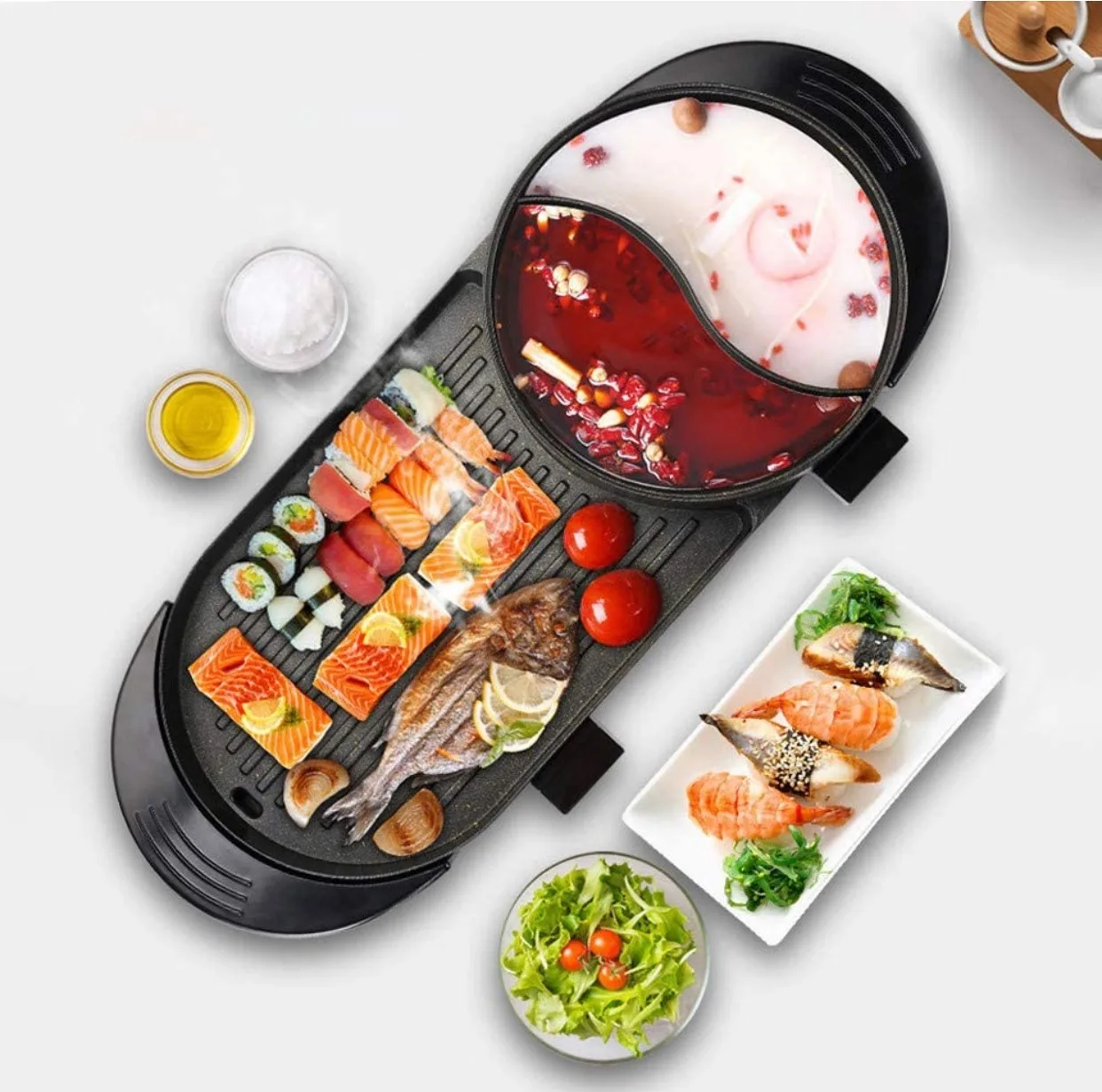 Indoor 2 in 1 Hot Pot with Grill Outdoor Korean Smokeless BBQ Grill Non-stick Pan 2-12 people