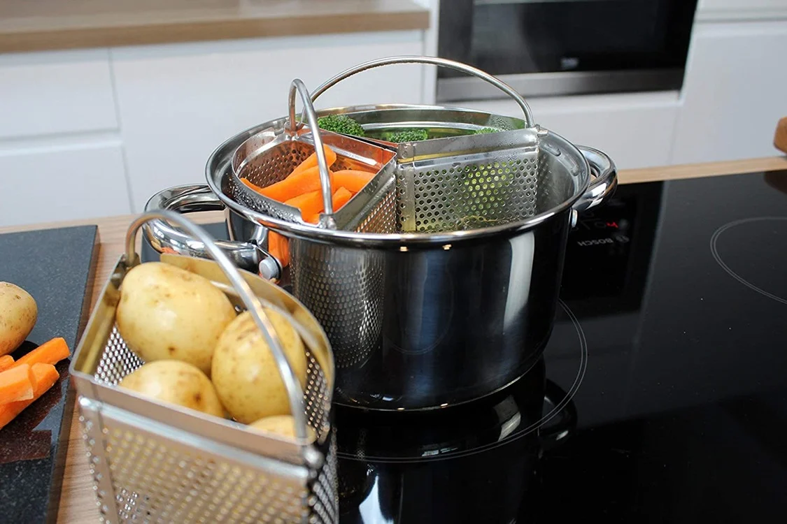 England Style Kitchen Baskets 18cm Stainless Steel Vegetable Steamer Basket Triple Divider and Separator Set