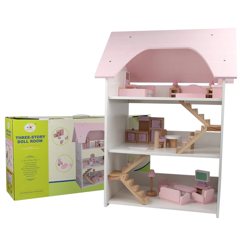 Wooden doll house toy pink princess villa baby play house toy