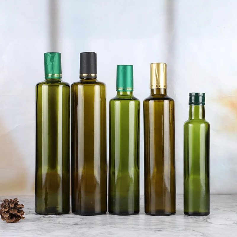 250ml 500ml 750ml Food Gooking Oil Grade Empty Amber Dark Green Round Olive Oil Dispenser Glass Bottle With Cap and Stopper