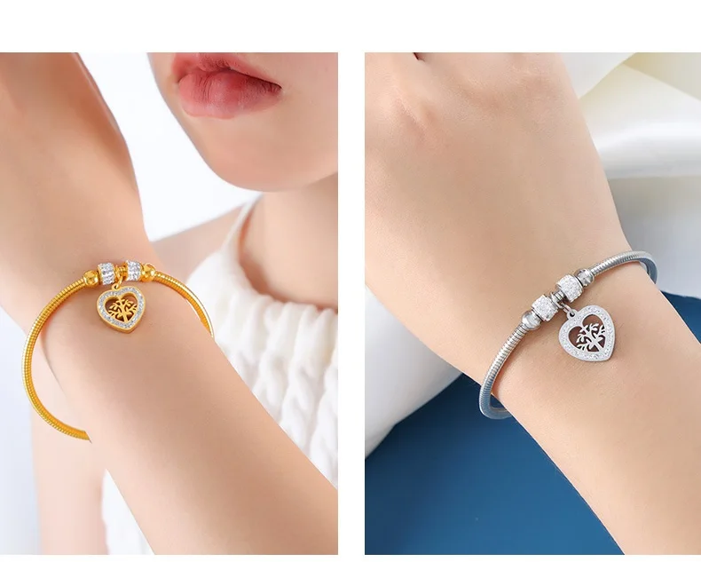 SL23110 Non Tarnish 18K Gold Plated Stainless Steel Heart Cross Flower Star Charm Crystal Zircon Bracelet Bangle For Women