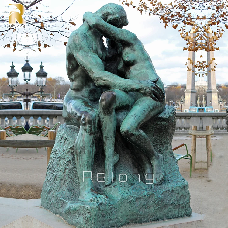 Antique custom nude large bronze copper love couple kiss statue sculpture life size