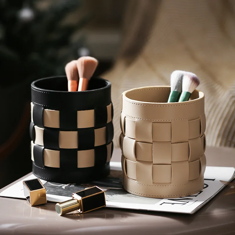 Leather makeup brush storage holder Light luxury leather pen holder Leather remote control storage box