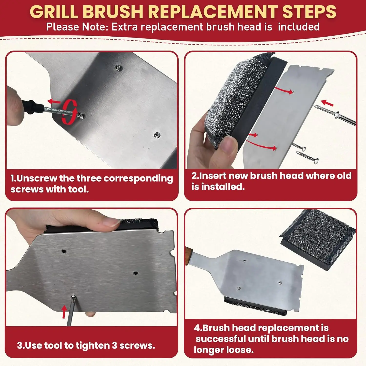 BBQ Cleaning Brush with Wooden Handle BBQ Accessories Bristless barbecue brush with additional replaceable scraper cleaning head