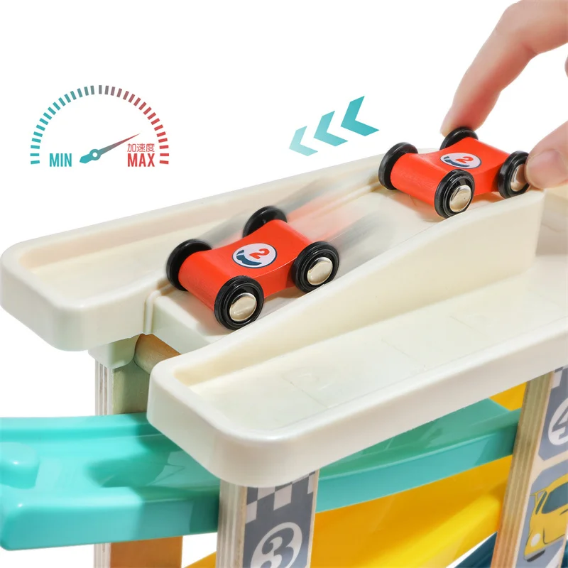Topbright Educational Wooden Four-track Four Slide Trucks Track Racer kids racing track toy