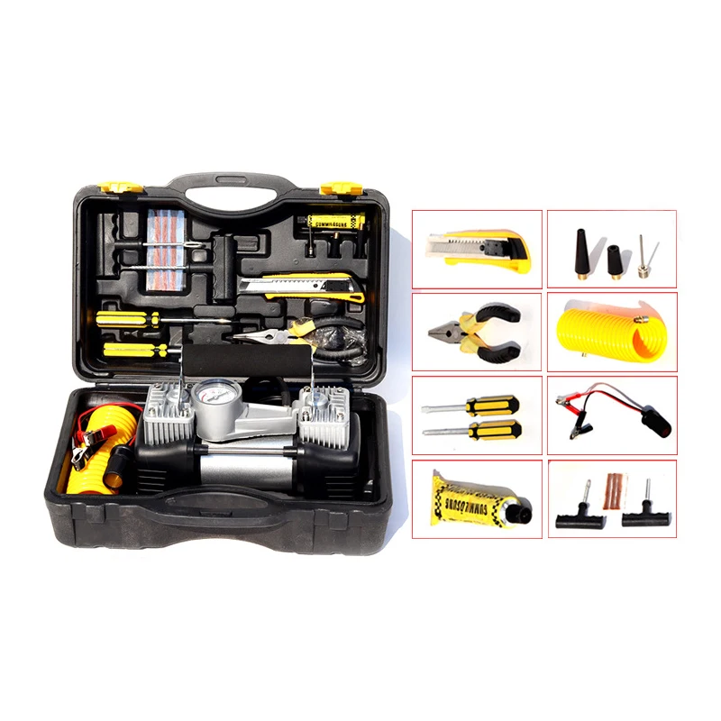 SDK 2023 New Mechanical Pointer Portable Double Cylinder Air Compressor Tyre Pump Set With Box