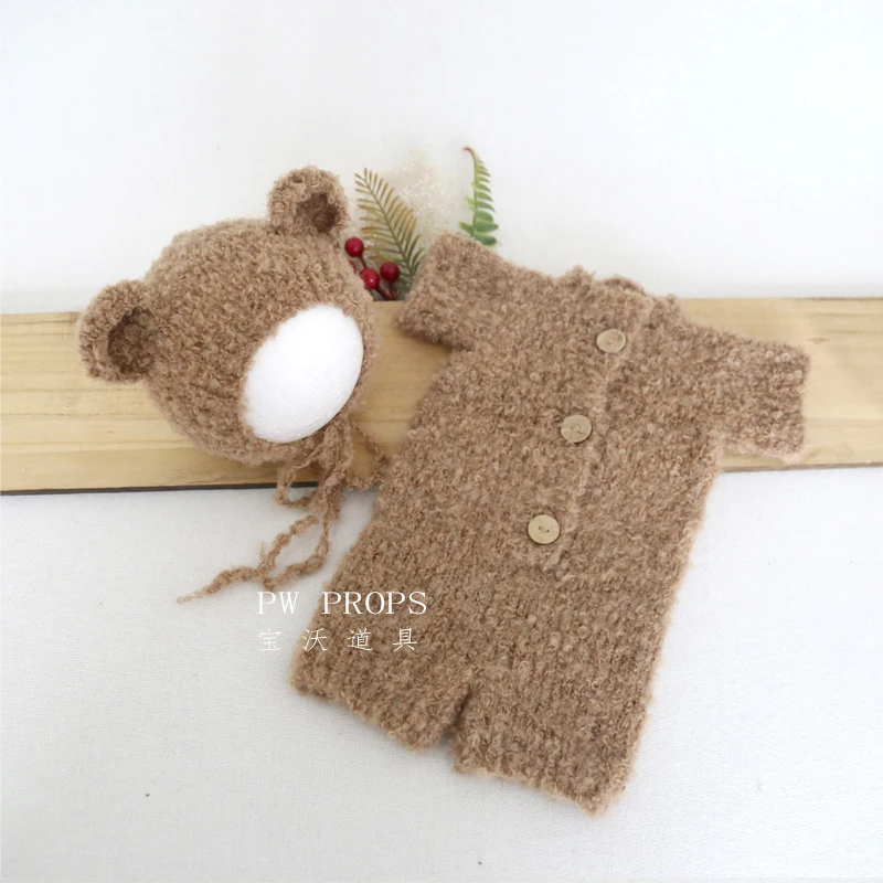 Vintage Knit Newborn Girl Fuzzy Romper Bunny Hat Photography Props Crochet Baby Teddy Bear Outfit Overall Animal Bonnet Set