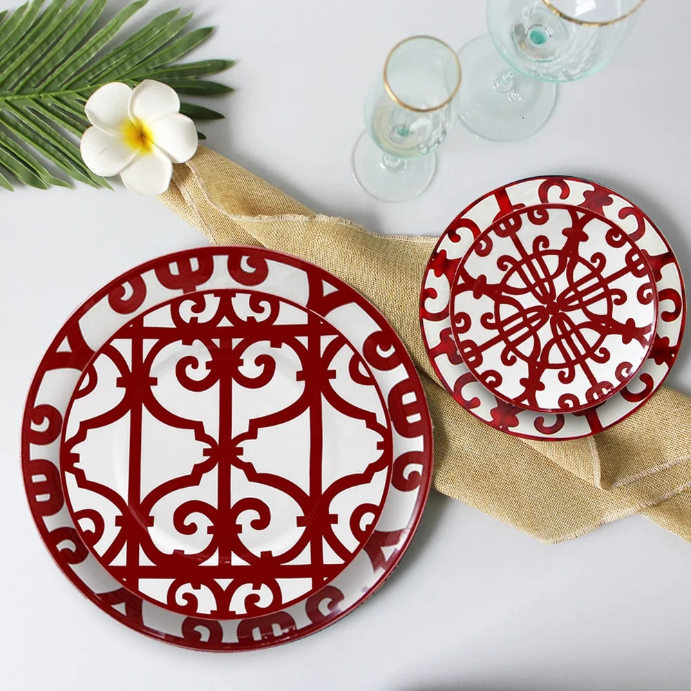 Wholesale red fancy ceramic dinnerware wedding restaurant porcelain serving plate