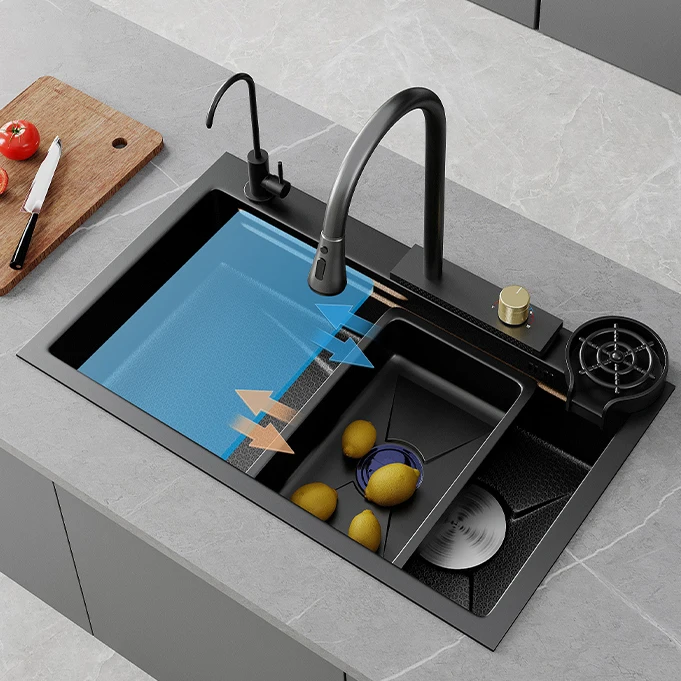 Modern Stainless Steel Black Waterfall Apron Farmhouse Sinks Countertop Dish Storage Drying Rack Mixer faucet Nano Kitchen Sink