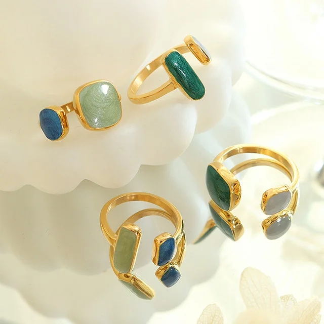 Fashion French Colorful Enamel Ring Personalized Trend Anti Tarnish Stainless Steel Open Adjustable Ring Fashion Jewelry