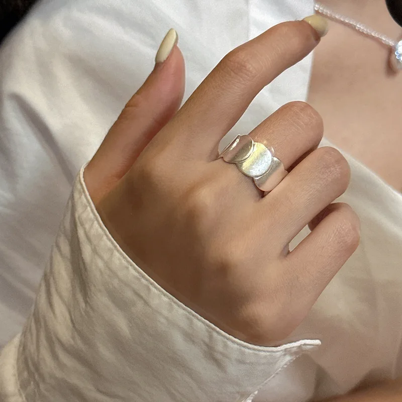 Geometric Matte Finished Round Disc Linked Open Rings For Women  925 Sterling Silver Fine Jewelry