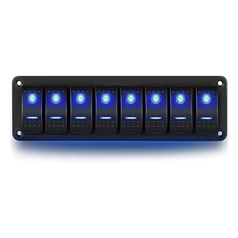 Universal 12V 8 Gang Aluminum Waterproof Blue LED Pre-wired Rocker Switch Panel 12V ON OFF Switches for Boat Yacht RV Cars