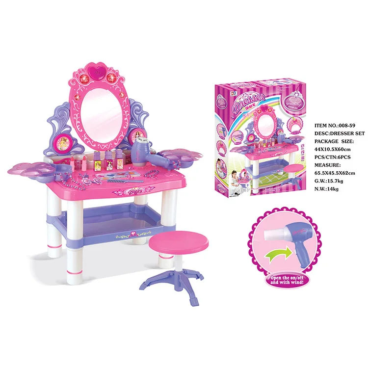 High Quality Plastic Kids Girl Play House Toy Mini Makeup Table Lighting Music Children Dressing Table Set