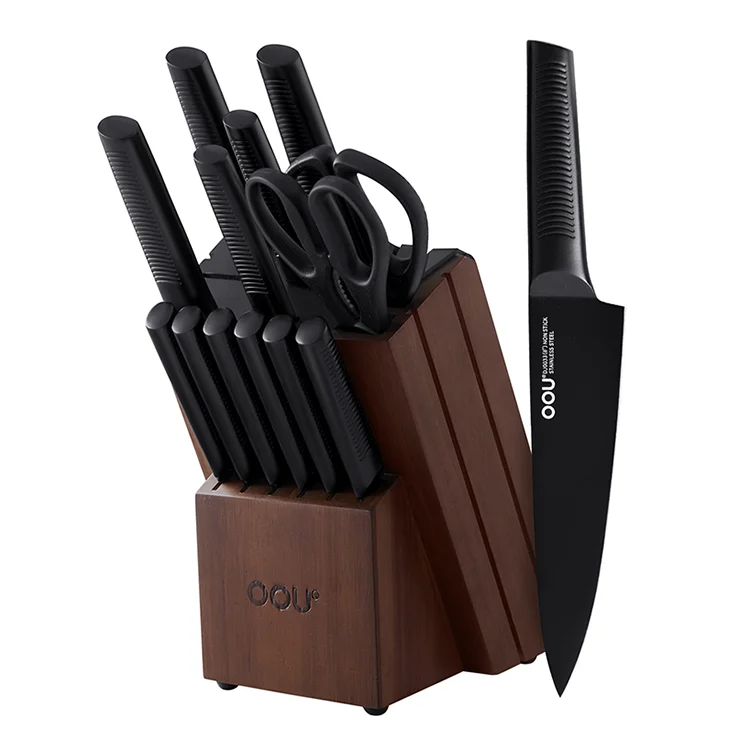 OOU Source Manufacturer Black Shark 15Pcs Oxidation Anti-Rusting Wooden Block Stainless Steel Kitchen Carving Sharp Knife Chef