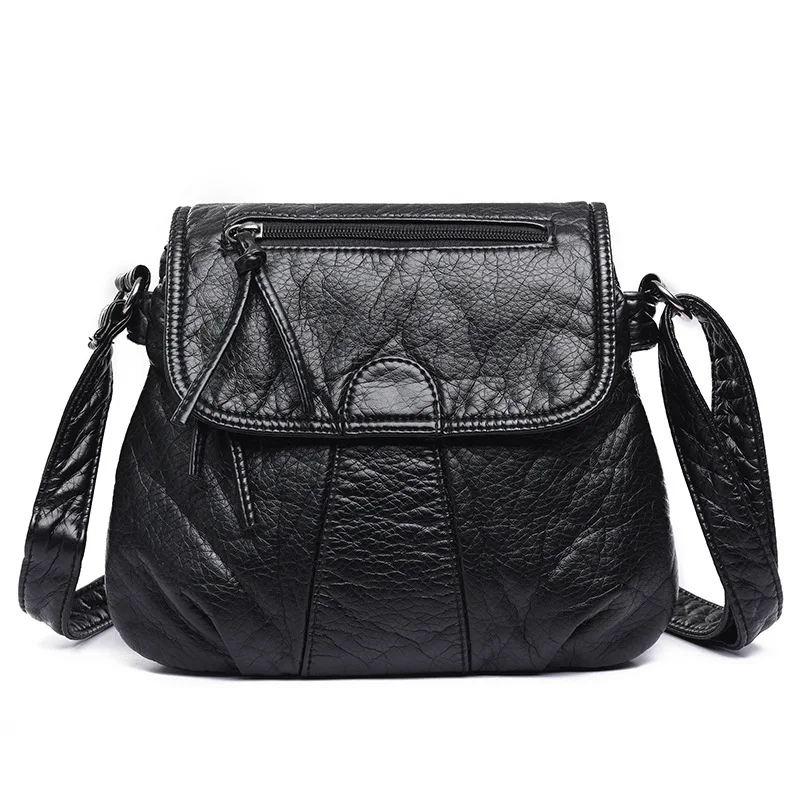 Black Small Messenger Women Bag Soft Washed PU Leather Crossbody Female Handbag Purses lady bag