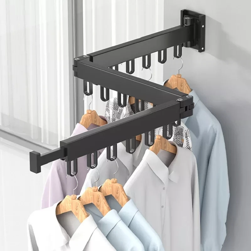 Aluminum Laundry Clothesline Stainless Steel Retractable Cloth Hook Drying Rack Folding Wall Mounted Clothes Hanger Rack