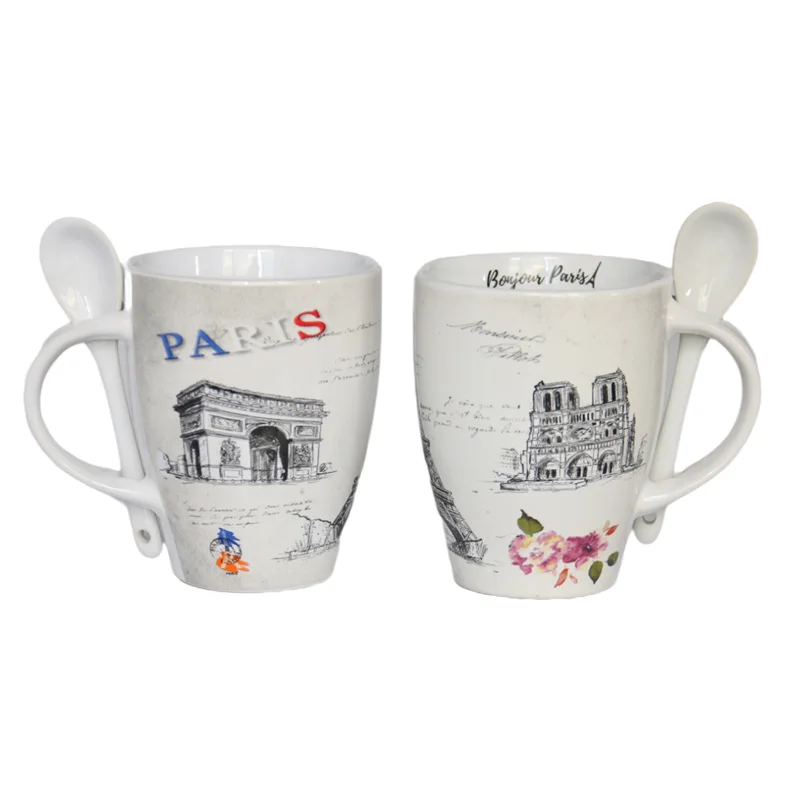 Custom Design Souvenir Elegant Eiffel Tower Ceramic Mug Perfect for Paris Travel Gift Unique Coffee Cup Set with Spoon