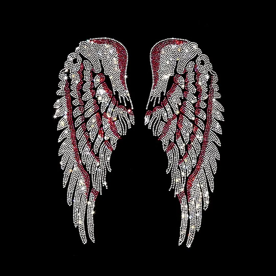 Hot Fix Pink and Crystal Angel Wings Design Flatback Iron-On Clothing Patch with Crystal Patch for  sweater