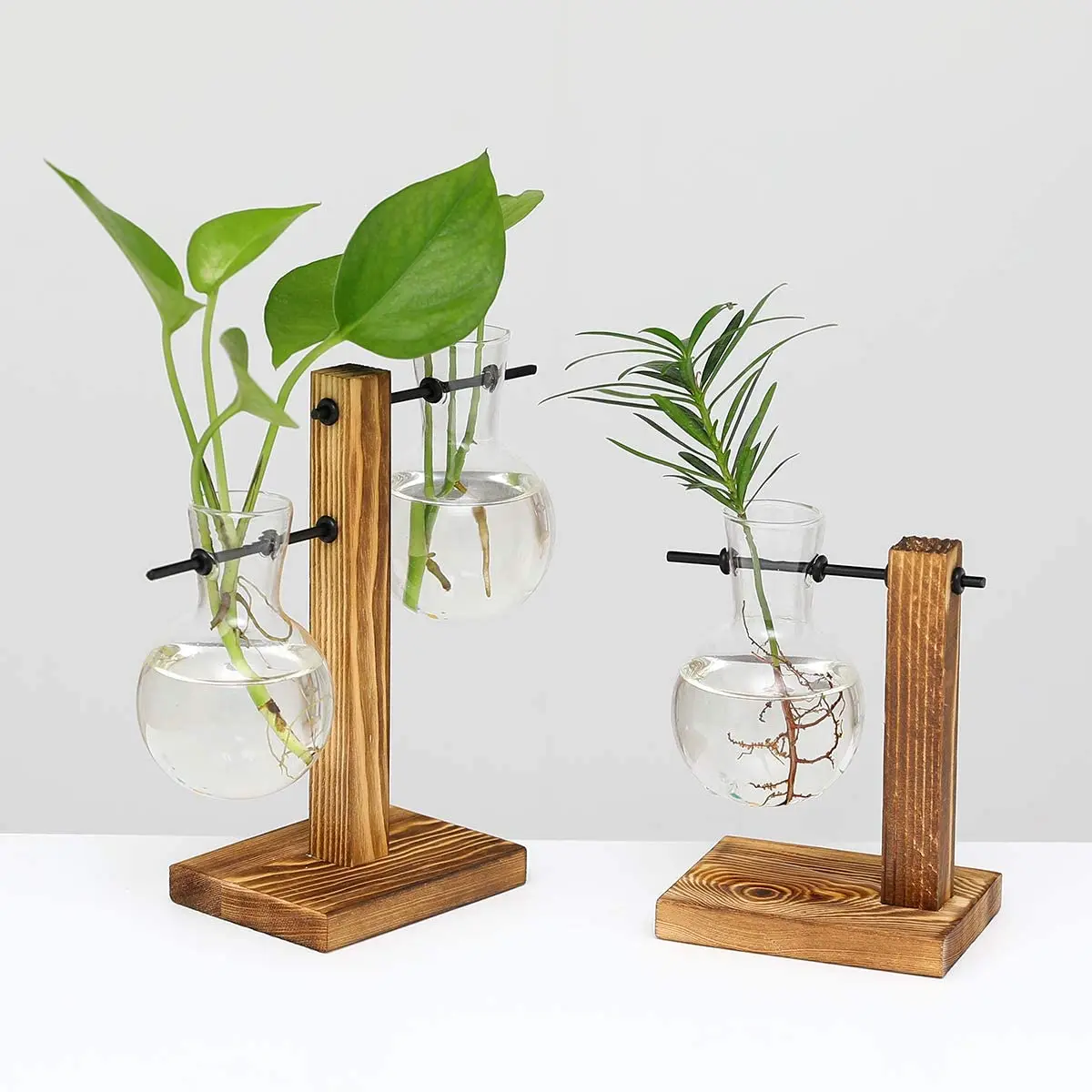 2 Pack Plant Terrarium with Wooden Stand Air Planter Bulb Glass Vase Propogation Station for Hydroponics Plants Home Garden Offi