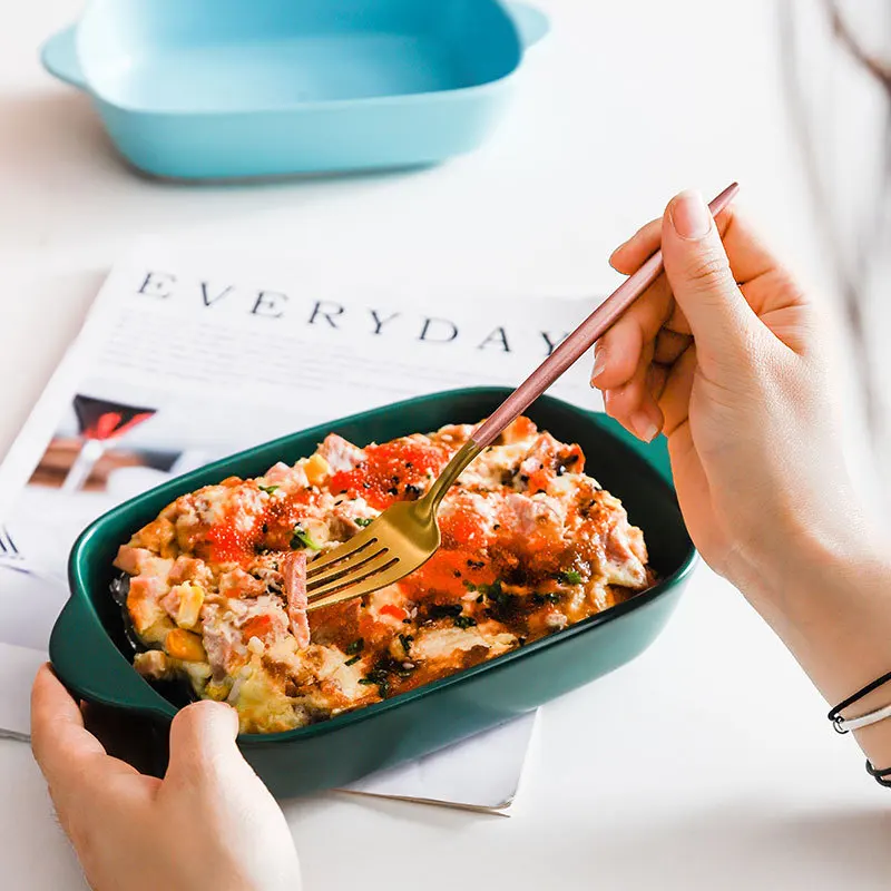 Factory direct supply Nordic ceramic plate with handle cheese baked rice tray baking tray oven household