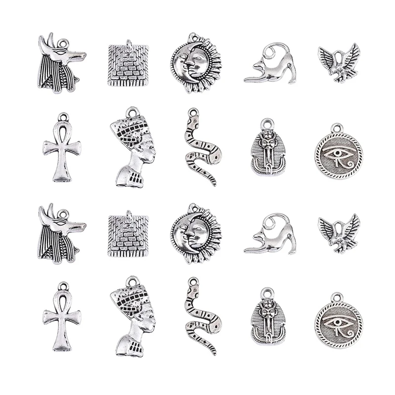 Wholesale Alloy Pharaoh Charms Snake Cat Pyramid Evil Eye Cross Charms Mixed Antique Silver Pendant Charms for Jewelry Making