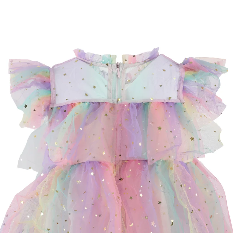 Custom Fly Sleeve Star Print Rainbow Layered Tulle dress for girls