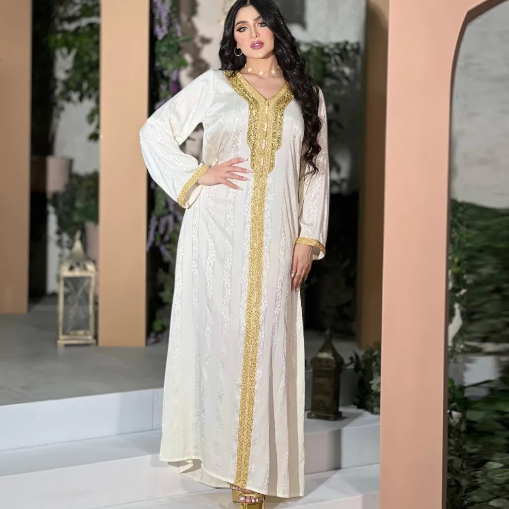 New arrival Arabic women clothes Turkey Dubai lady white 2 pieces set diamond jacquard loose dress abaya Muslim clothing