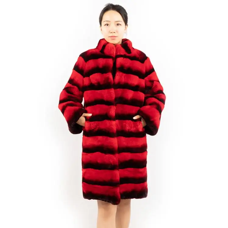 DH IATOYW hot style red color stand collar fur overcoat 90cm long winter warm women rex rabbit fur coat