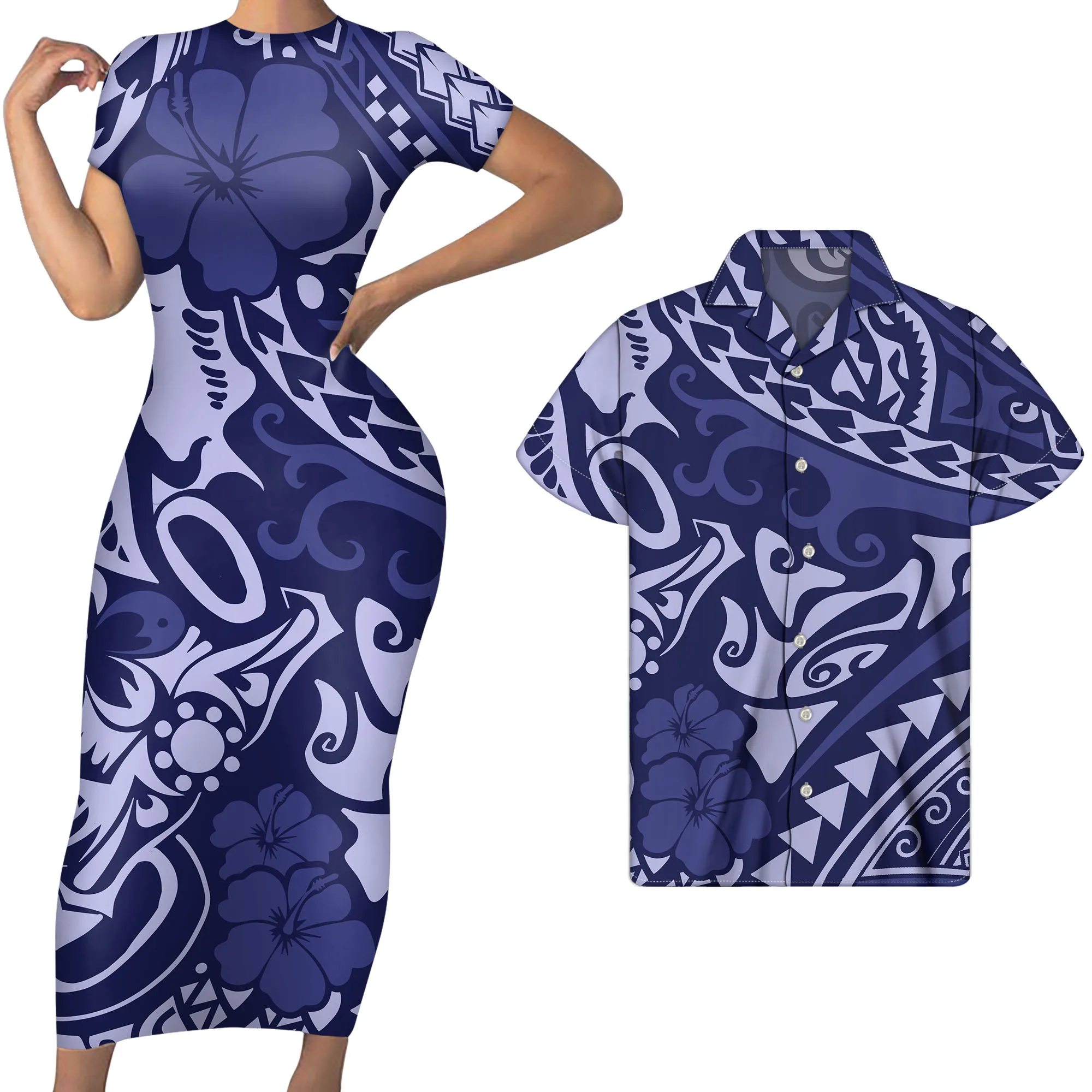 
big hibiscus design bangdage dress bodycon plus-size dresses matching summer beach men shirt custom couple clothing sets 