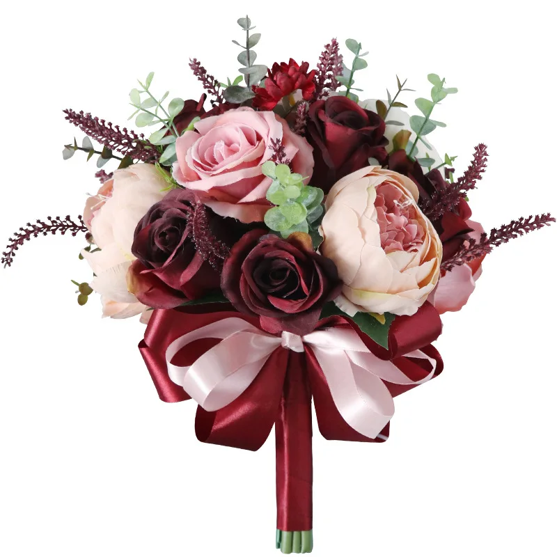 Burgundy & Blush Pink Artificial Bridal Bouquet For Wedding Ceremony And Anniversary Silk Rose Peony Bouquet