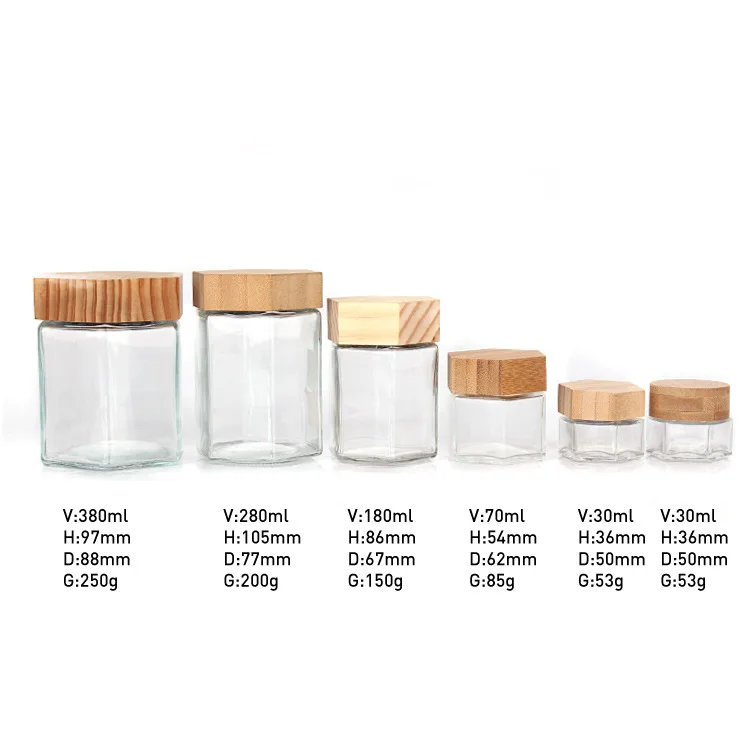 New hexagon glass honey jar with wooden cover and stick