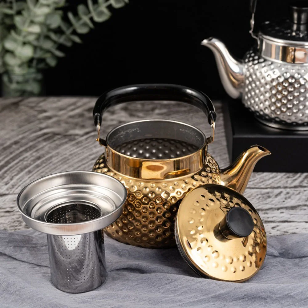 Gold Hammered Design Metal Tea Kettle Water Boilers 1500ml Stainless Steel Teapot with Infuser Strainer For Stovetop Camping