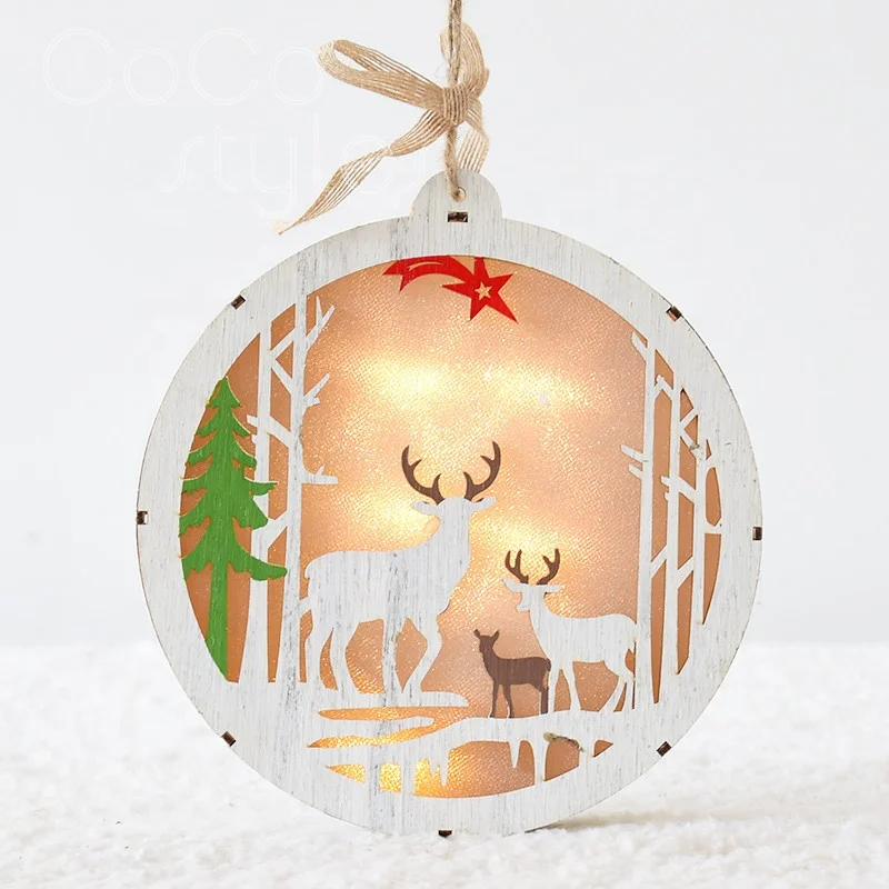 
Cocostyles bespoke delicate engraving reindeer wooden lamp box for gift Christmas tree ornament indoor Christmas decoration 2019 