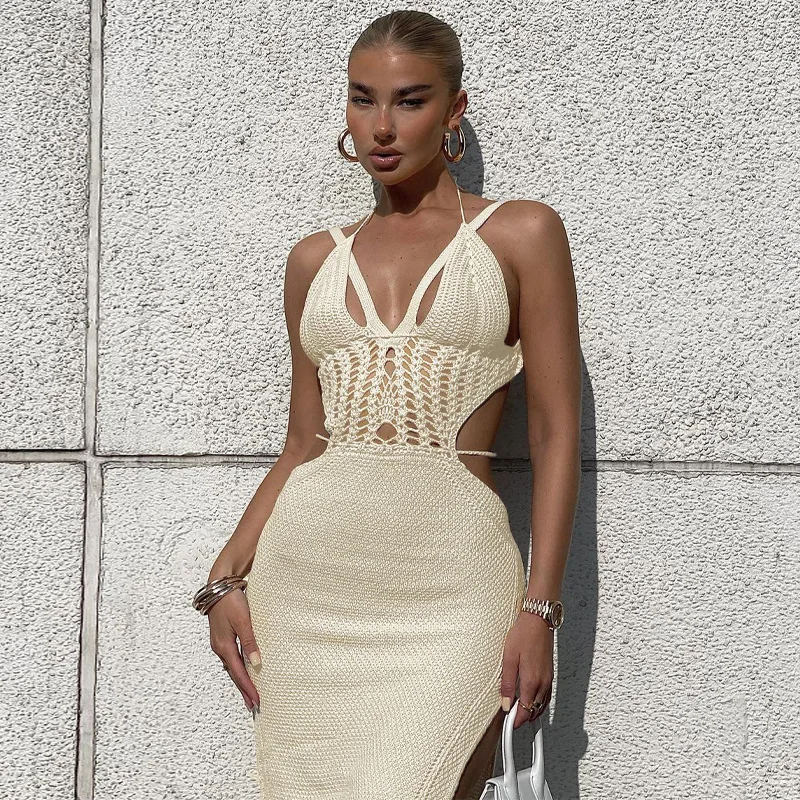 Private Label Summer Halter Sleeveless Knitted Women Backless Hollow Out Bodycon Sexy Ladies Dress Clothes Women