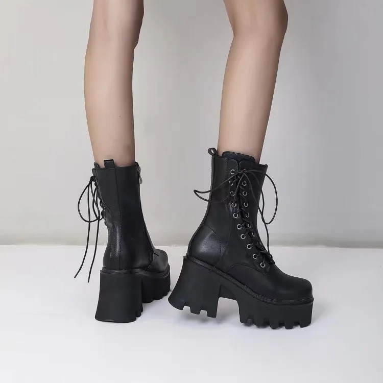 Shein 2021 Wide Fit Women Boots Plus Size Platform Vintage Wedge Chunky High Heel Lace Up Combat Boots Leather Boots In Stock