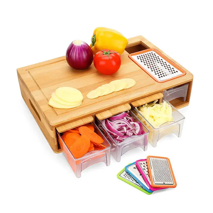 Hot sell Kitchen Large Chopping Juice Groove Bamboo Cutting Board With 4 Acrylic Drawers Food Storage Tray