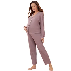 Waffle Knit Pregnant Women Clothes Drop Shoulder Blouse & Pants Lounge Set Maternity Pajamas