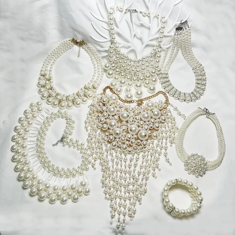 Wholesale multilayer Layers Pearl Necklace Earring fashion Jewelry Set For Women Party Exaggerate Big Pearl earrings Jewelry Set