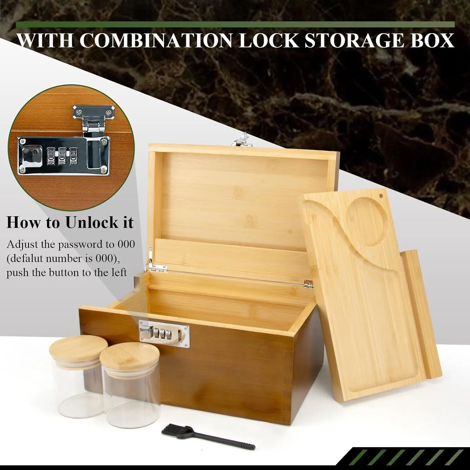 Large Wooden Stash Box with Combination Lock Rooling Tray Wood Stash Storage Box for Gift, Keepsake Decorative boxes