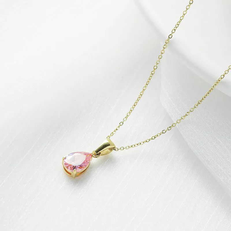 N042-007 Halo pretty gold single cubic zirconium stone stainless steel drop necklace